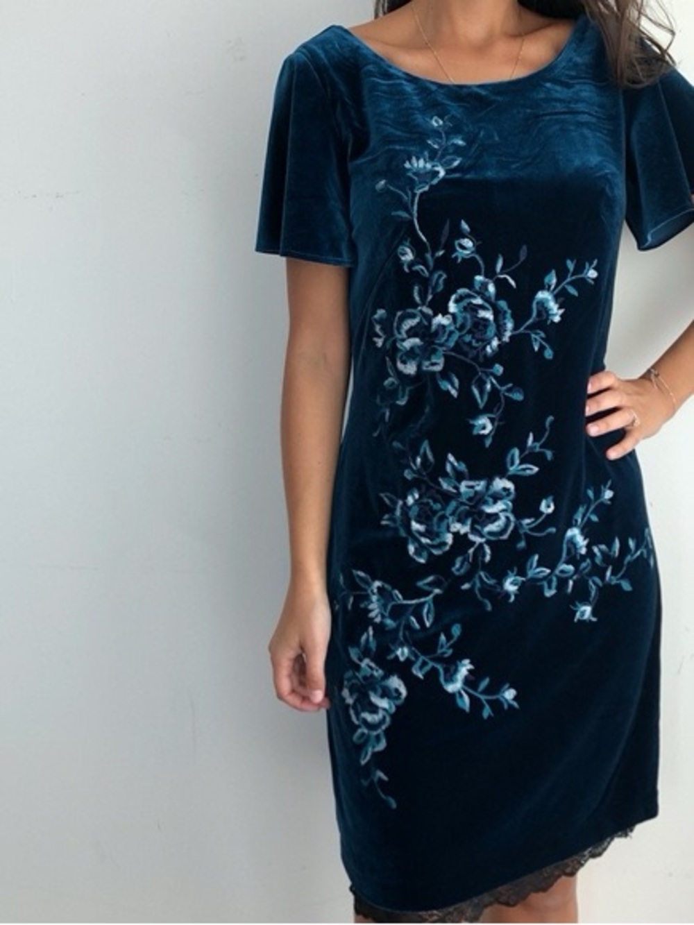 White House Black Market Velvet Floral Midi Dress in Deep Teal